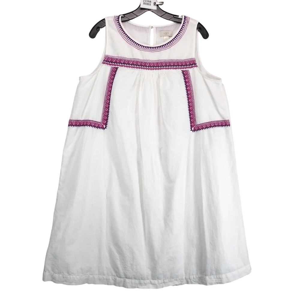 Loft White Linen Blend Sleeveless Shift Dress Sz XL Purple/Pink Embroidery Boho